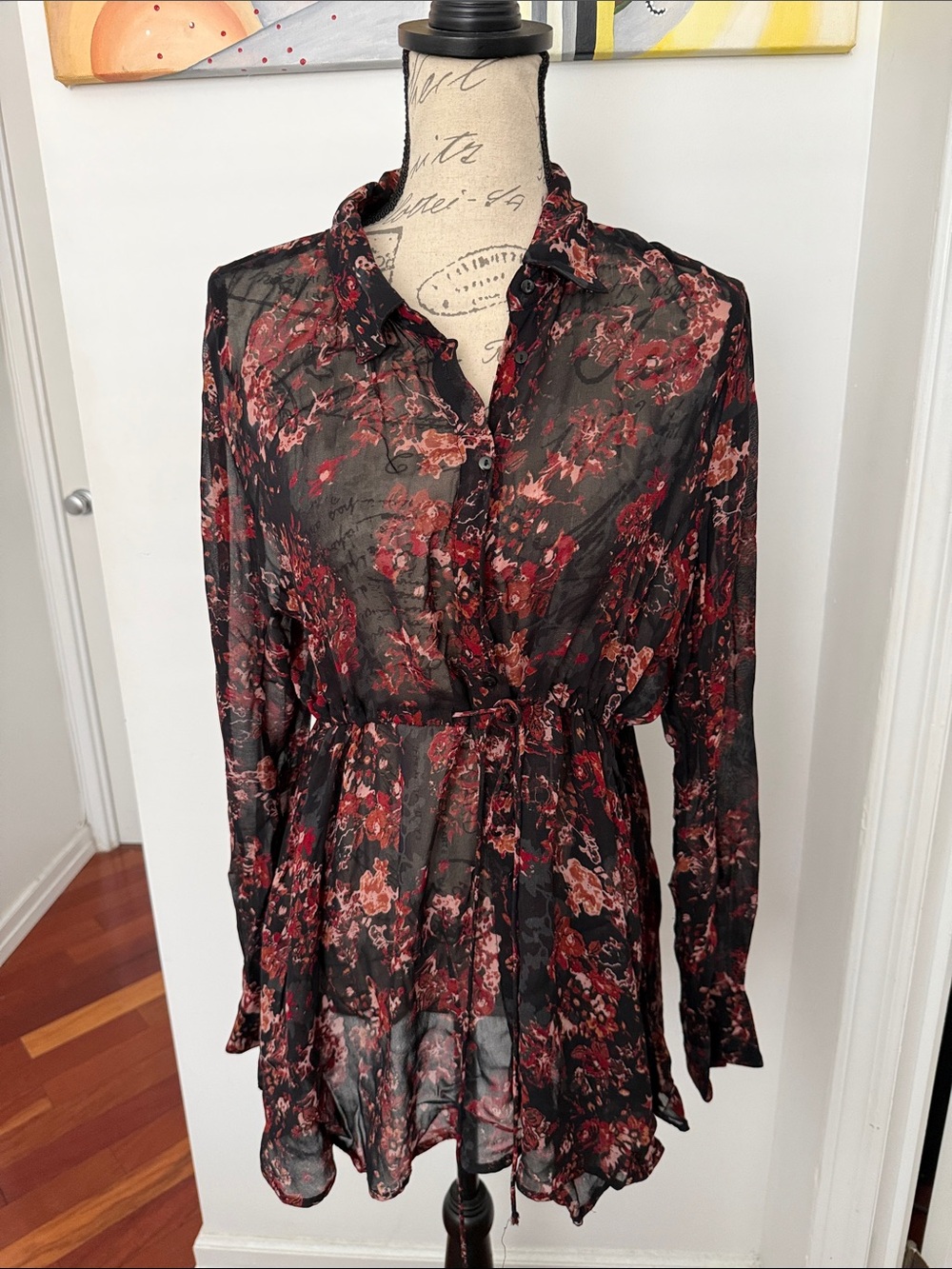 Zara Black Sheer Tunic with Red and Pink Floral Pattern
